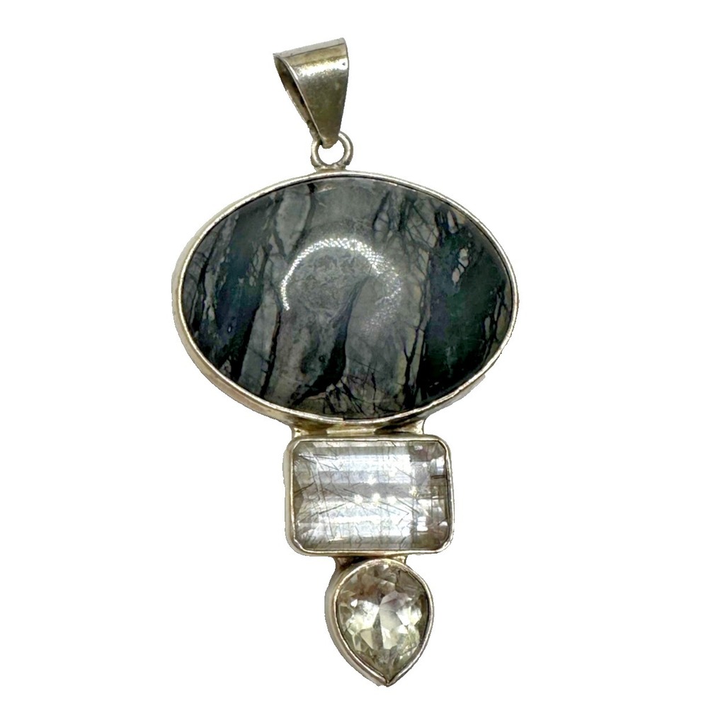 Charles Albert Sterling Silver Pendant Large Seraphenite 3 Stones Signed 925